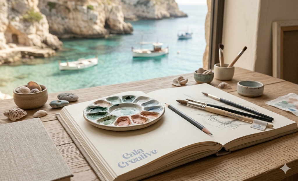 AI Generative Studio - Cala Creative Agency artistic studio workspace overlooking Mediterranean cove