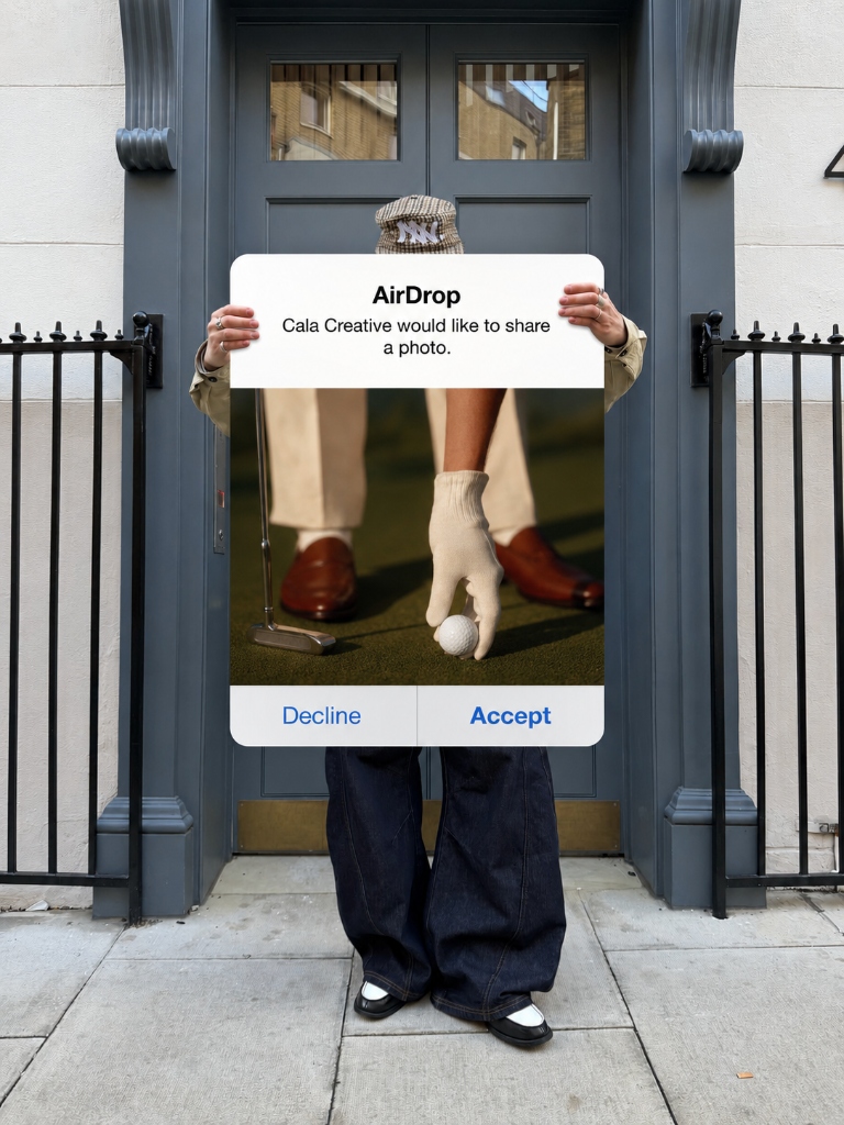 Person holding oversized AirDrop marketing graphic