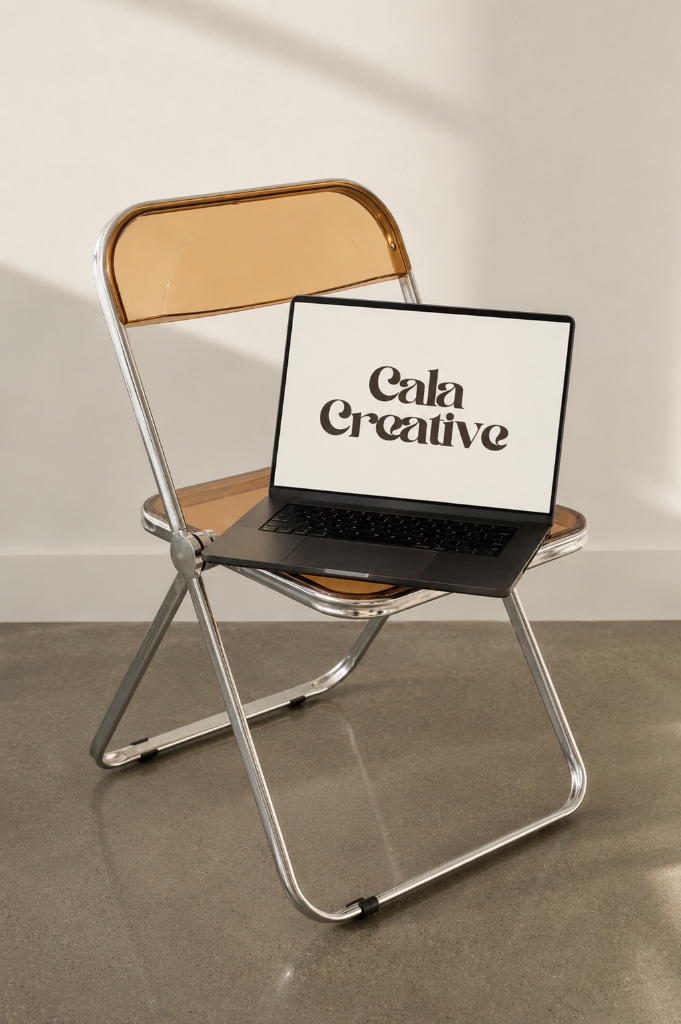 Cala Creative presentation on a modern orange chair
